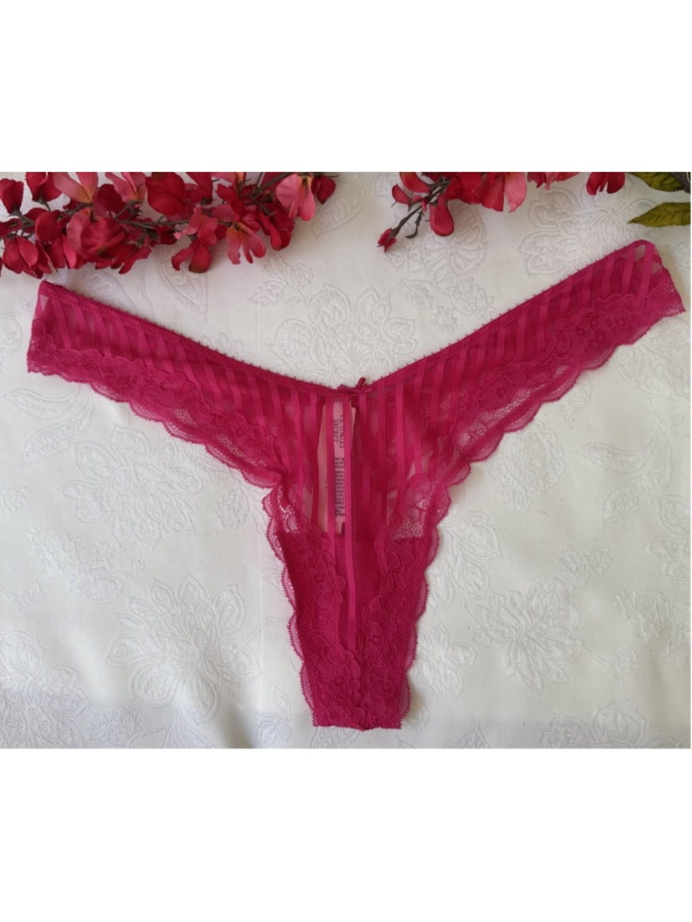 VICTORIA'S SECRET XL PINK HIGH LEG TANGA THONG CAGE STRIPE MESH LACE PANTIES NWT